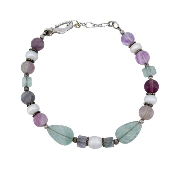Vintage Sterling Silver 925 Fluorite and Pearl Beaded Bracelet 7.25" - Picture 2 of 5